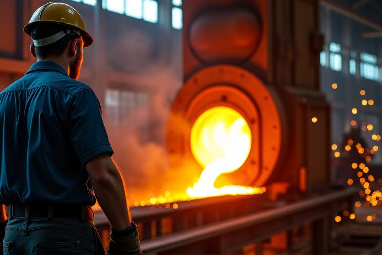 Steel worker in a modern foundry, molten metal glowing, symbolizing strength and innovation