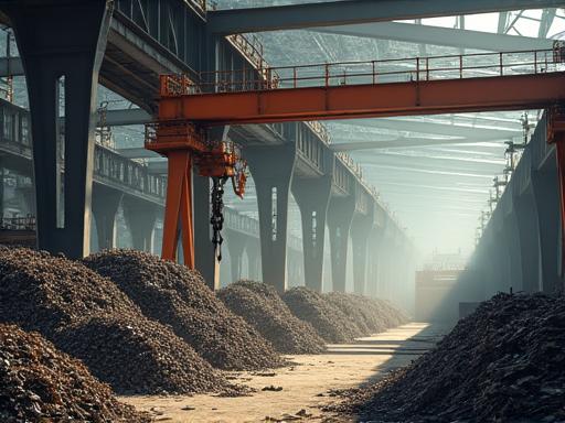 Steel recycling facility with large magnets sorting scrap metal