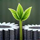 Green leaf sprouting from gears, representing sustainability in industry