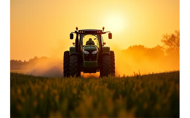 Tractor working in a field at sunrise, representing the agriculture sector.