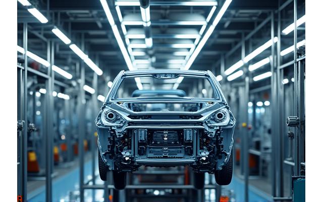 Automobile assembly line robots working on car chassis, highlighting the automotive industry.