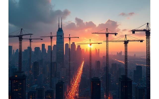 Skyline with construction cranes and rebar, representing the construction industry.