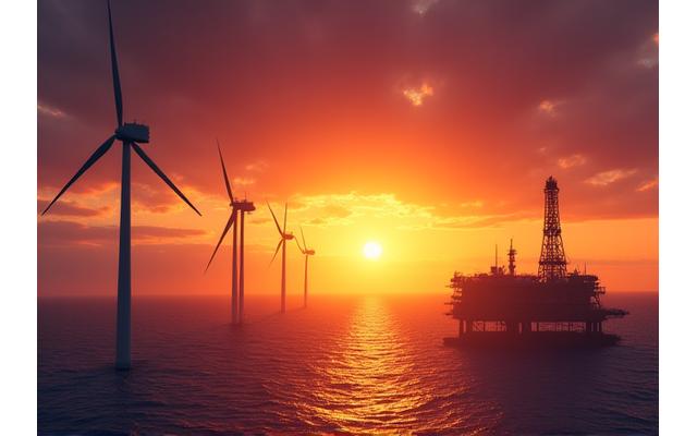 Wind turbines and oil rigs at sunset, representing the energy sector.